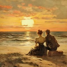 a painting of two people sitting on the beach watching the sun go down over the ocean