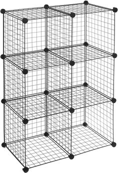 four black wire cubes stacked on top of each other, with wheels attached to the sides