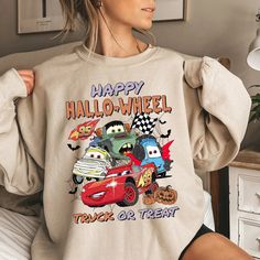 Vintage Disney Cars Lightning Mcqueen Halloween Sweatshirt Lightening Mcqueen Disney Shirt, Mater Sweater, Disney Family Trip, Funny Car Shirts, Halloween Matching, 2023 Halloween, Family Disney Trip, Retro Disney, Disney Trip Planning