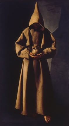 a painting of a person dressed in a hooded cloak and holding a small bird on his hand