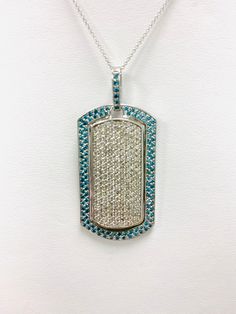 4.90Ct Iced Out Diamond Dog Tag Pendant Necklace, Dog Tag Pendant w/ Micro Pave Blue Diamond Border 14k Solid White Gold, Men's Pendant Dog Tag Pendant, Mens Pendant, Dog Tag, Micro Pave