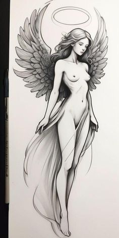 a drawing of a naked woman with angel wings