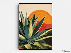 an art print of a pineapple plant in front of the setting sun on a beige background