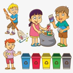 children are cleaning up the trash cans and recycleing them with their hands