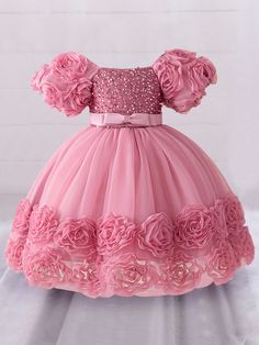 Baby Girl Glittery Cute Puffy Flower Party Dress, Ideal For Birthdays And Parties Dusty Pink   Short Sleeve Woven Fabric Plain,Plants Fit and Flare Non-Stretch All Baby Girls Clothing, size features are:Bust: ,Length: ,Sleeve Length: Short Flare Gown, Flower Party Dress, Girls Bridesmaid Dresses, Flower Girl Dresses Tutu, Princess Gown, Flower Party, Flower Girl Tutu, Birthday Party Dress, Tutus For Girls