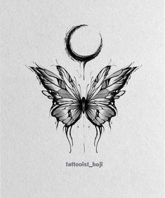 a black and white drawing of a butterfly with the moon in the sky behind it