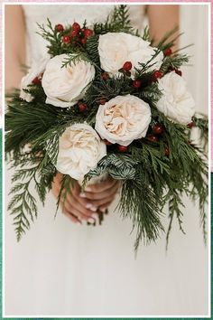 Winter Wedding Flowers - Are you ready to solve your solution? Click to visit Amazon.com to meet your desires. Pine And Rose Bouquet, Winter Pine Bouquet, Holly Wedding Bouquet, Flowers For A December Wedding, December Bouquet Wedding, Bridesmaid Bouquet Christmas, Mistletoe Wedding Bouquet, Winter Wedding Flower Bouquets, Wedding Bouquet Christmas