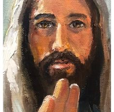 an oil painting of jesus holding his finger to his temple's palm and looking at the viewer