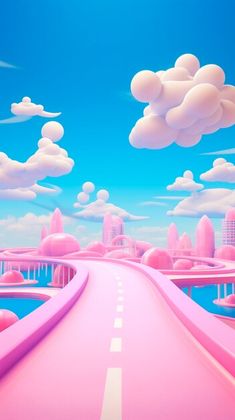 a pink road going through the sky with clouds above and buildings in the distance on either side