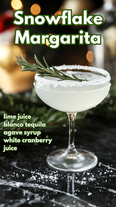 A Snowflake Margarita with a frosty sugar rim, garnished with a sprig of rosemary, and served in a martini glass, sitting on a festive background with holiday decorations. Winter Margarita, Rosemary Garnish, Tequila Based Cocktails, Christmas Margarita, Cocktail Cards, Tequila Agave, Christmas Drinks Recipes, White Cranberry Juice