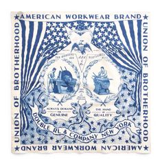 an american workwear brand bandana with two images of men and women on it