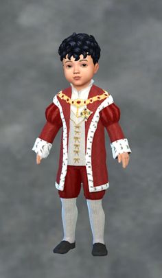 an animated image of a man in a red and white suit with gold trimmings