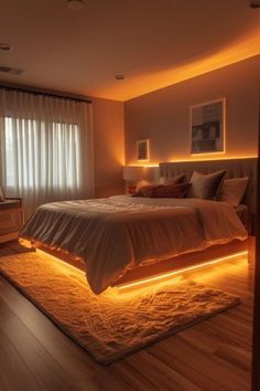 a large bed sitting in a bedroom on top of a hard wood floor next to a window