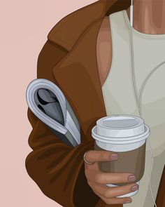 a woman holding a cup of coffee and headphones