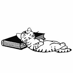 a black and white drawing of a cat laying on top of a book with it's paw resting on the pages