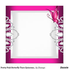 a pink and white frame with a butterfly on the corner, in front of a diamond - encrusted background