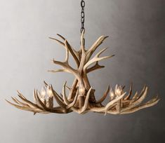 a chandelier made out of antlers hanging from a chain on a gray wall