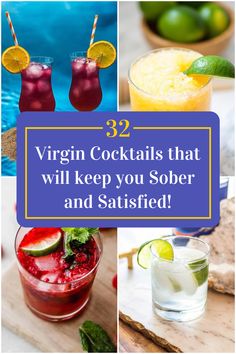 Collage of 4 virgin cocktails. Sidecar Drink, Bellini Drink, Virgin Cocktail Recipes, Virgin Margarita, Virgin Drinks, Party Drinks, Non Alcoholic Drinks, Non Alcoholic