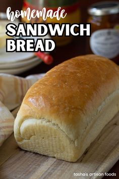 a loaf of bread on a wooden board with text overlay "homemade sandwich bread" Basic White Bread Recipe, Easy White Bread Recipe, Loaf Bread Recipe, Homemade Sandwich Bread, Sourdough Bread Sandwiches, Homemade Sandwich