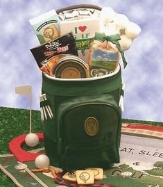 a golf bag filled with snacks and other items