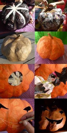 the pumpkins are made to look like they have been carved and put in bags