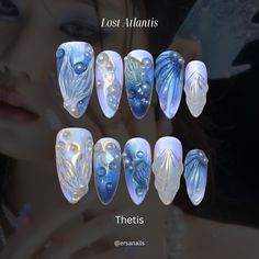 MEET US UNDER THE SEA ˖°𓇼🌊⋆🐚🫧 Introducing our Lost Atlantis collection, featuring 23 of our signature mermaid nail designs. 🧜🏼‍♀️ We’ve been planning this collection since the day we were founded, as mermaid-fairy core has always been the base of our brand and aesthetic. We’re so excited to release the Lost Atlantis collection that ties together our designs.🧚🏼‍♀️ If you’ve been following along our journey, you’ll discover some familiar designs that have been with us since day one of Ersa a... Nail Inspo Sea, Nail Mermaid Design, Under The Sea Nail Designs, Mermaid Aesthetic Nails, Siren Nails Dark, Mermaid Nails Aesthetic, Dark Mermaid Nails, Atlantis Nails, Sea Nails Designs