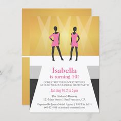 a pink and yellow birthday party card with two silhouettes on the front, one is wearing