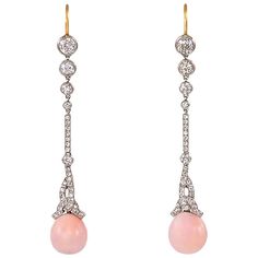 Edwardian Conch Pearl Diamond Gold Platinum Earrings | From a unique collection of vintage dangle earrings at https://www.1stdibs.com/jewelry/earrings/dangle-earrings/ Conch Pearl, Yellow Gold Diamond Earrings, Pink Pearls, Platinum Earrings, 18k Gold Earrings, Coral Jewelry, Gold Pearl Earrings, Gold Diamond Earrings