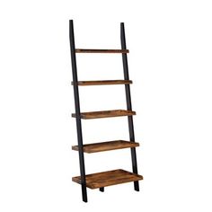 a wooden ladder shelf with three shelves on each side and two black legs, against a white background