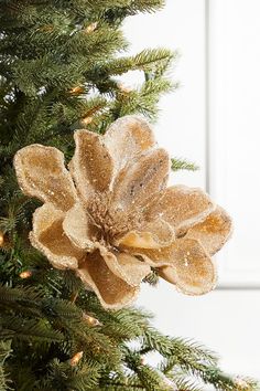 a christmas tree decorated with gold glittered flowers and pine cones on the top, in front of a white background