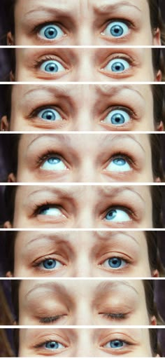 an image of the eyes of a person with blue eyes and brown hair, all showing different