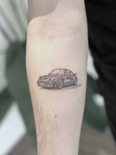 Fine line/ single needle tattoo 
Arm tattoo
Black and grey realism Porsche Tattoo Design, Motorbike Tattoo, Car Tattoo Design, Van Tattoo