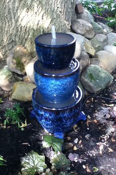 three blue vases sitting next to a tree in front of some rocks and plants