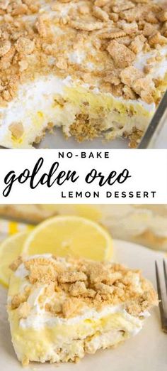 no - bake golden oreo lemon dessert on a white plate with a fork