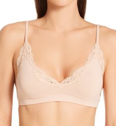 Deep v-neck bralette has delicate lace trim along wireless apex cups for an overall sexy look. Bralette has unlined, wireless cups. Apex cups have scalloped lace trim. Covered elastic underband provides additional support. Plunge v-neckline makes it great for layering. Elastic straps have restricted stretch and adjust with silvertone metal hardware in back. Pullover styling. Only Hearts Women's Delicious High Point Bralette in Beige (1809) | Size Small | HerRoom.com Only Hearts, Heart Women, Wireless Bra, Scalloped Lace, High Point, Metal Hardware, Deep V Neck, Pullover Styling, Bralette