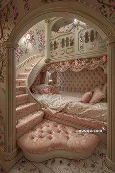 an elaborate bedroom with pink flowers on the walls and stairs, is pictured in this image