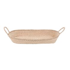 an oval basket with handles on the bottom and roped ends, made from natural materials