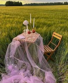 a table and chair in the middle of a field