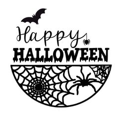 a happy halloween sign with a spider and web on the bottom, in black ink