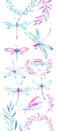 watercolor dragonflies and leaves on white paper