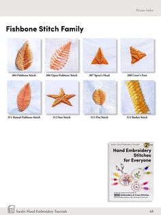 the instructions for fishbone stitch family are shown in several different styles and colors, including orange