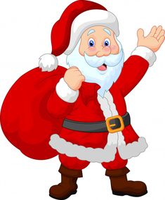 a cartoon santa clause waving and holding his hand up