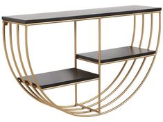 a black and gold shelf with two shelves on each side, in the shape of a half circle