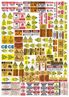 a large poster with various warning signs on it's sides and arrows pointing in different directions