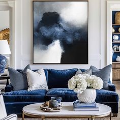 Oversized Navy Blue Abstract Painting Dark Blue Wall Art For Living Room Black White Gray Blue Living Room, Navy Blue Gray Living Room, Dark Blue Artwork, Blue Black And White Living Room, Navy And Black Living Room, Navy Blue Family Room, Navy Blue Sofa Living Room Ideas, Dark Sofa Living Room, Black Home Aesthetic