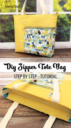 the diy zipper tote bag is shown with instructions for how to make it