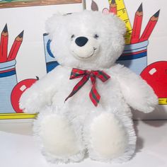 Teddy Build A Bear Plush Toy White With Christmas Red Plaid Bow 15" Collectible Night Before Christmas Build A Bear, Build A Bear Cheetah, Christmas Build A Bear, Old Build A Bear, Valentine’s Day Build A Bear, National Teddy Bear Day, Build A Bear Red Plaid, Teddy Bear Day, White Teddy Bear