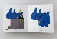 an open children's book with two images of rhinos in the same box