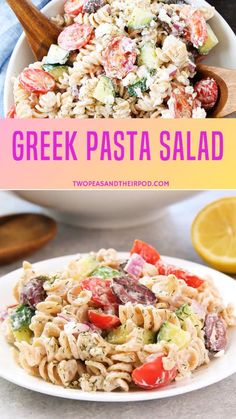 greek pasta salad in a white bowl with lemon wedges