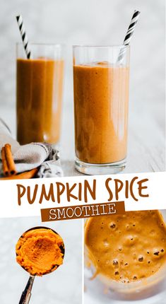 pumpkin spice smoothie with cinnamon in the middle and two glasses filled with it on top